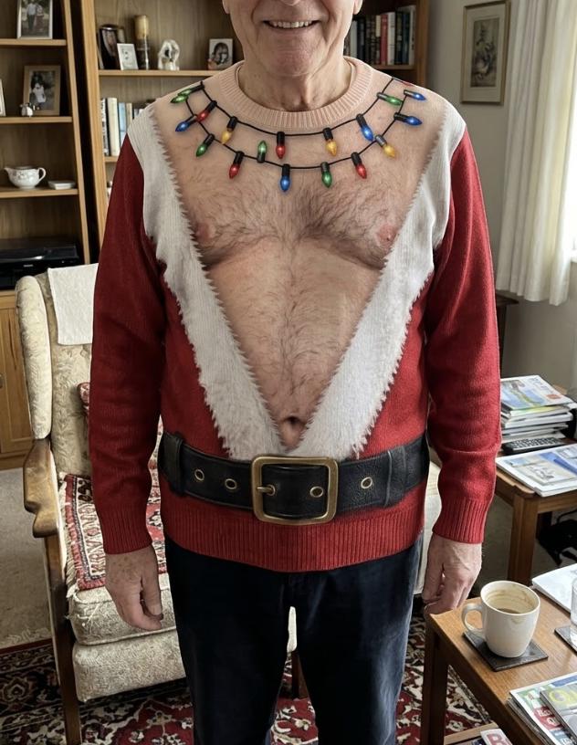 Funny Santa Abs Ugly Sweater, Hairy Chest 3D Print Holiday Party Gift, Chirstmas Gag Gift, Men Women Crewneck Pullover