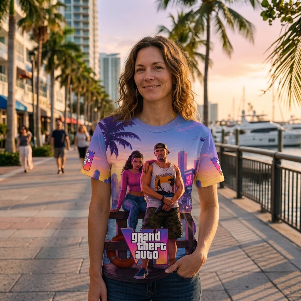 GTA 6 Vice City Inspired T-Shirt, Grand Theft Auto VI Graphic Tee, Retro Miami Sunset Gaming Shirt, Gamer Gift for Men and Women