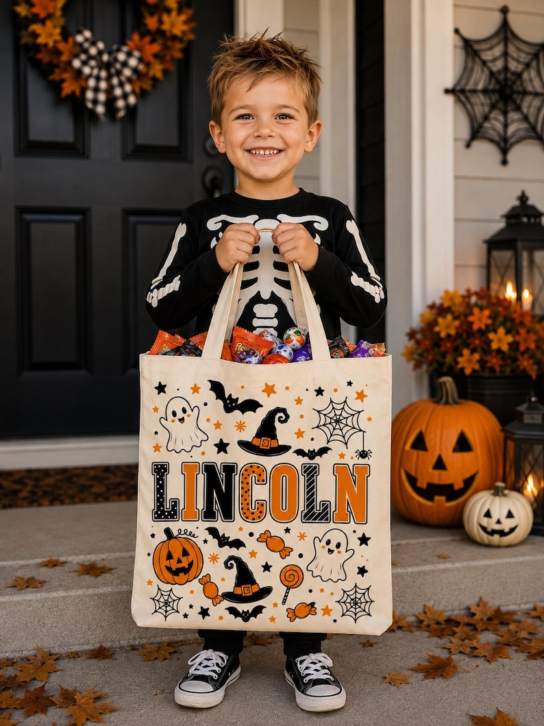 Personalized Trick or Treat Bags, Halloween Candy Bag Tote with Name, Custom Name Canvas Bag for Kids, Halloween Gift for Boys Girls