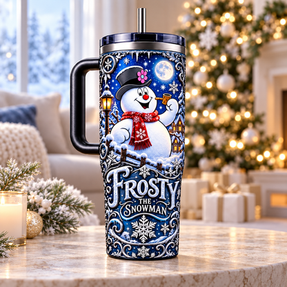 Frosty the Snowman 40oz Christmas Tumbler with Handle and Straw, Cute Snowman Winter Insulated Cup, Holiday Travel Mug, Christmas Gift for Women
