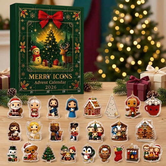 Merry Icons Advent Calendar 2026 – 24 Day Christmas Countdown, Cute 2D Acrylic Ornaments, Nativity & Holiday Blind Box Gift