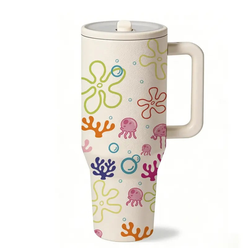1PC 40oz Insulated Mug, Bikini Bottom Inspired Thermal Cup, Vacuum Insulated Tumbler, Ocean Jellyfish Coral Print, Double Wall, Leak-Proof, Handle & Straw Lid, 12H Hot/24H Cold Retention, Large Capacity Travel Tumbler