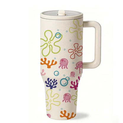 1PC 40oz Insulated Mug, Bikini Bottom Inspired Thermal Cup, Vacuum Insulated Tumbler, Ocean Jellyfish Coral Print, Double Wall, Leak-Proof, Handle & Straw Lid, 12H Hot/24H Cold Retention, Large Capacity Travel Tumbler
