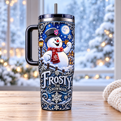 Frosty the Snowman 40oz Christmas Tumbler with Handle and Straw, Cute Snowman Winter Insulated Cup, Holiday Travel Mug, Christmas Gift for Women