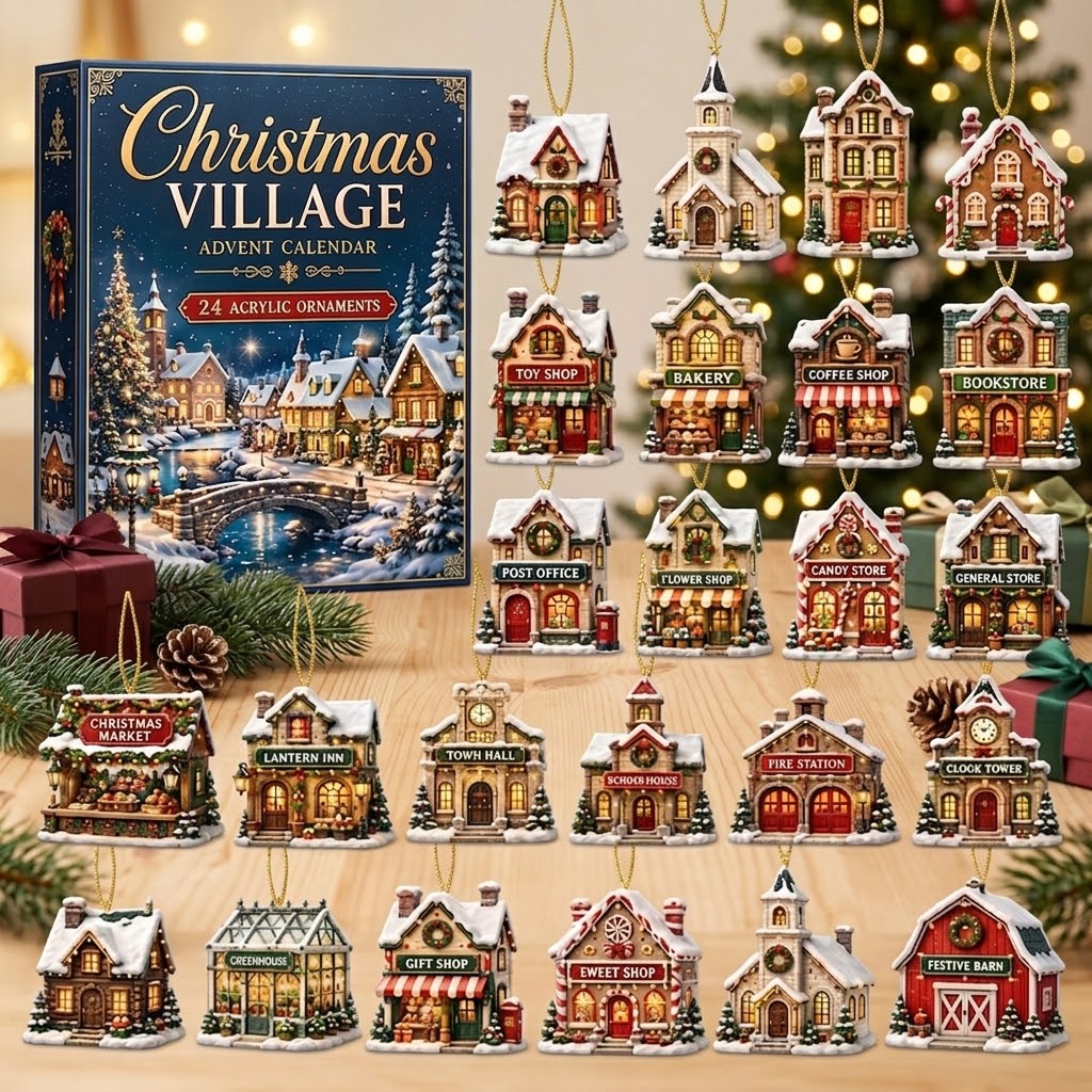 Christmas Village Advent Calendar 2026, 24 Acrylic Tiny Houses Ornaments, Winter Town Countdown Blind Box, Holiday Tree Hanging Decor Gift