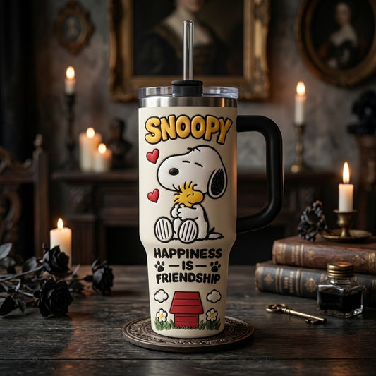 Snoopy & Woodstock Insulated Tumbler with Handle and Straw, Cute Peanuts Travel Coffee Mug
