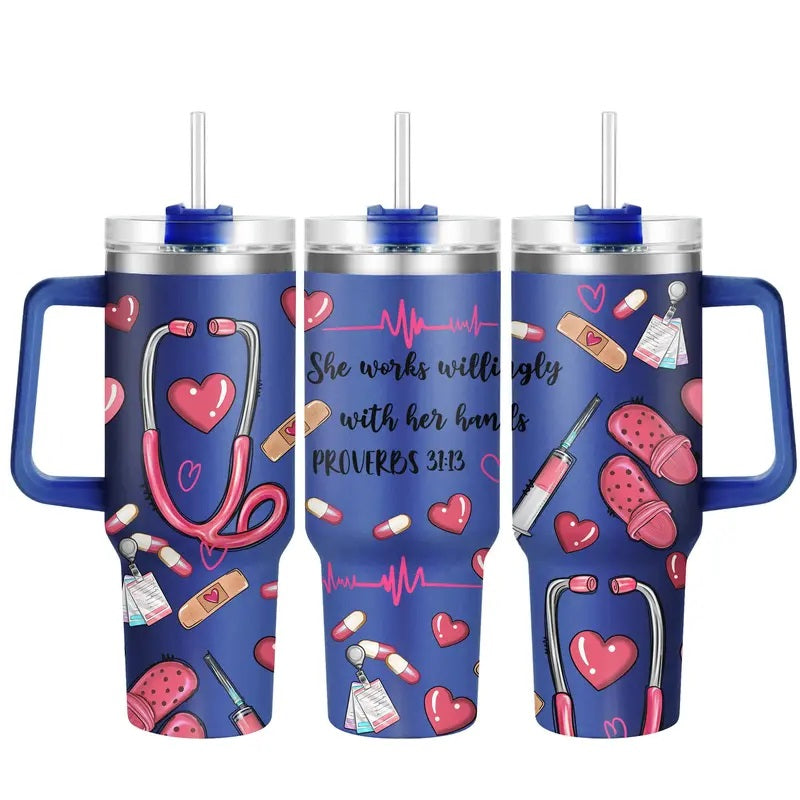 Nurse Pattern 40oz Insulated Coffee Tumbler with Lid, 1 Count Stainless Steel Water Bottle, Drinking Cup for Home Office School, Gift for Nurse, Birthday Gift, Drinkware, Insulated Tumblers