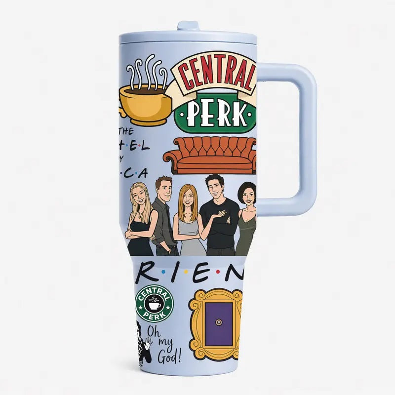 1pc 40oz Friends Fans Insulated Tumbler with Handle, Double Wall Vacuum Stainless Steel Travel Mug, Flasks, Drinkware, Keeps Cold 24H and Hot 12H, Leakproof Cup for Coffee, Office, Daily Use, Sitcom Inspired Gift for Friends, Birthdays, Holidays