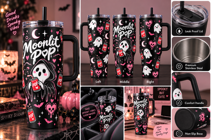 40oz Spooky Cute Ghost Tumbler with Handle and Straw Halloween Soda Lover Insulated Travel Mug Stainless Steel Cup Gift