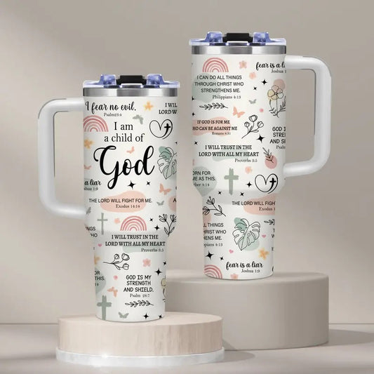1PC 40oz BPA-Free Round Plastic Christian Travel Tumbler with Handle & Straw, God Faith Scripture Quotes, Inspirational Floral Pastel Print, Leakproof Vacuum Flask for Church, Mother's Day & Anniversary Gifts
