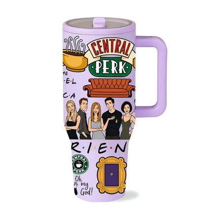 1pc 40oz Friends Fans Insulated Tumbler with Handle, Double Wall Vacuum Stainless Steel Travel Mug, Flasks, Drinkware, Keeps Cold 24H and Hot 12H, Leakproof Cup for Coffee, Office, Daily Use, Sitcom Inspired Gift for Friends, Birthdays, Holidays