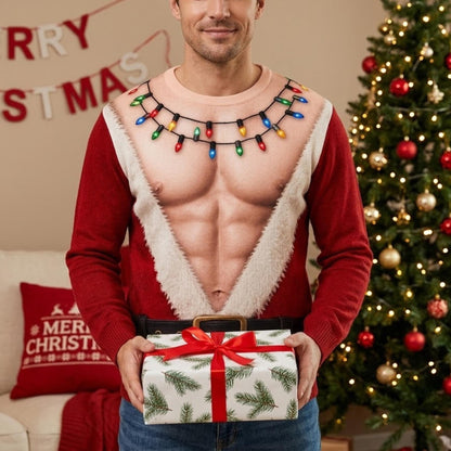 Funny Santa Abs Ugly Sweater, Hairy Chest 3D Print Holiday Party Gift, Chirstmas Gag Gift, Men Women Crewneck Pullover