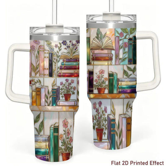 Stained-Glass Book Design 40oz Tumbler,Flat 2D Printed Floral Bookshelf Tumbler, Book Lover Gift, Bookish Cup, Library Cup, Tea Cup, Coffee Mug, Gift for Friends, Kitchen Drinkware