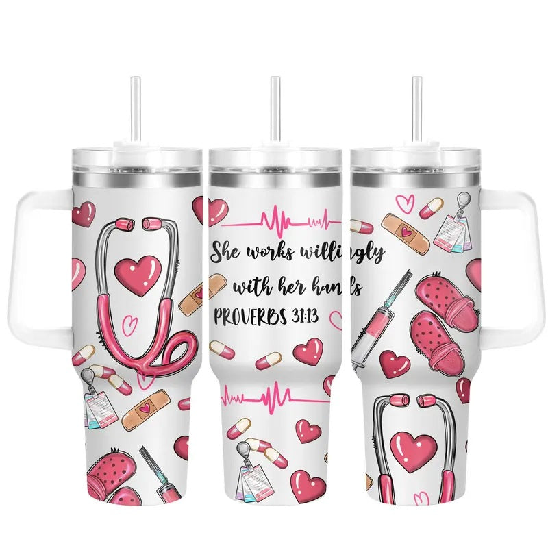 Nurse Pattern 40oz Insulated Coffee Tumbler with Lid, 1 Count Stainless Steel Water Bottle, Drinking Cup for Home Office School, Gift for Nurse, Birthday Gift, Drinkware, Insulated Tumblers