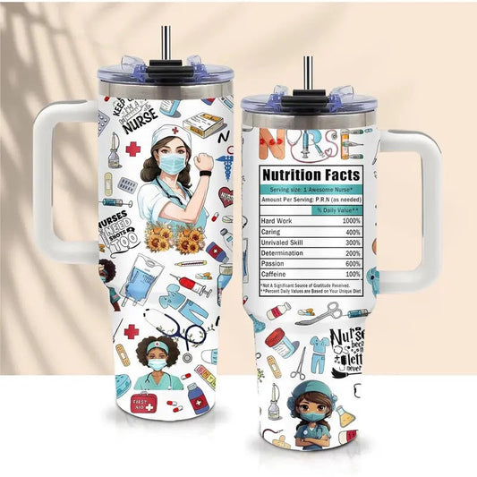 40oz Stainless Steel Tumbler with Handle - Insulated Portable Coffee Thermal Cup, Water Bottle for Women - Healthcare Professional Appreciation, Nurses Week, Nursing School Graduation Gifts
