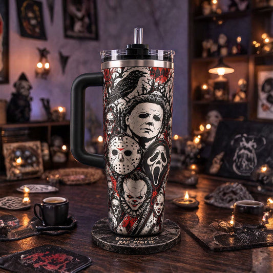 Horror Movie 40oz Tumbler – Scary Icons Insulated Travel Mug with Handle & Straw, Halloween Gift for Horror Fans