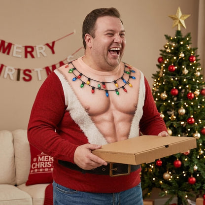 Funny Santa Abs Ugly Sweater, Hairy Chest 3D Print Holiday Party Gift, Chirstmas Gag Gift, Men Women Crewneck Pullover