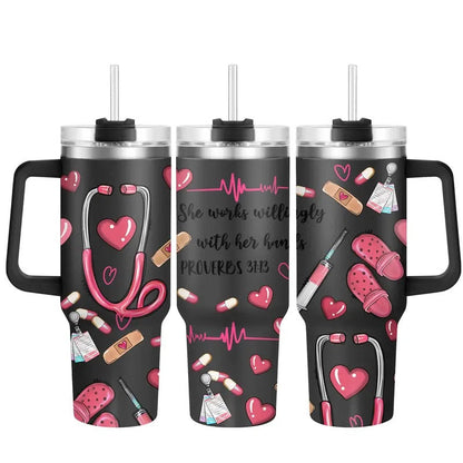 Nurse Pattern 40oz Insulated Coffee Tumbler with Lid, 1 Count Stainless Steel Water Bottle, Drinking Cup for Home Office School, Gift for Nurse, Birthday Gift, Drinkware, Insulated Tumblers