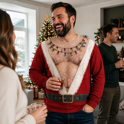 Funny Santa Abs Ugly Sweater, Hairy Chest 3D Print Holiday Party Gift, Chirstmas Gag Gift, Men Women Crewneck Pullover