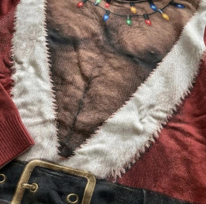 Funny Santa Abs Ugly Sweater, Hairy Chest 3D Print Holiday Party Gift, Chirstmas Gag Gift, Men Women Crewneck Pullover