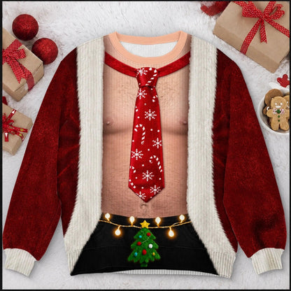 Funny Santa Abs Ugly Sweater, Hairy Chest 3D Print Holiday Party Gift, Chirstmas Gag Gift, Men Women Crewneck Pullover