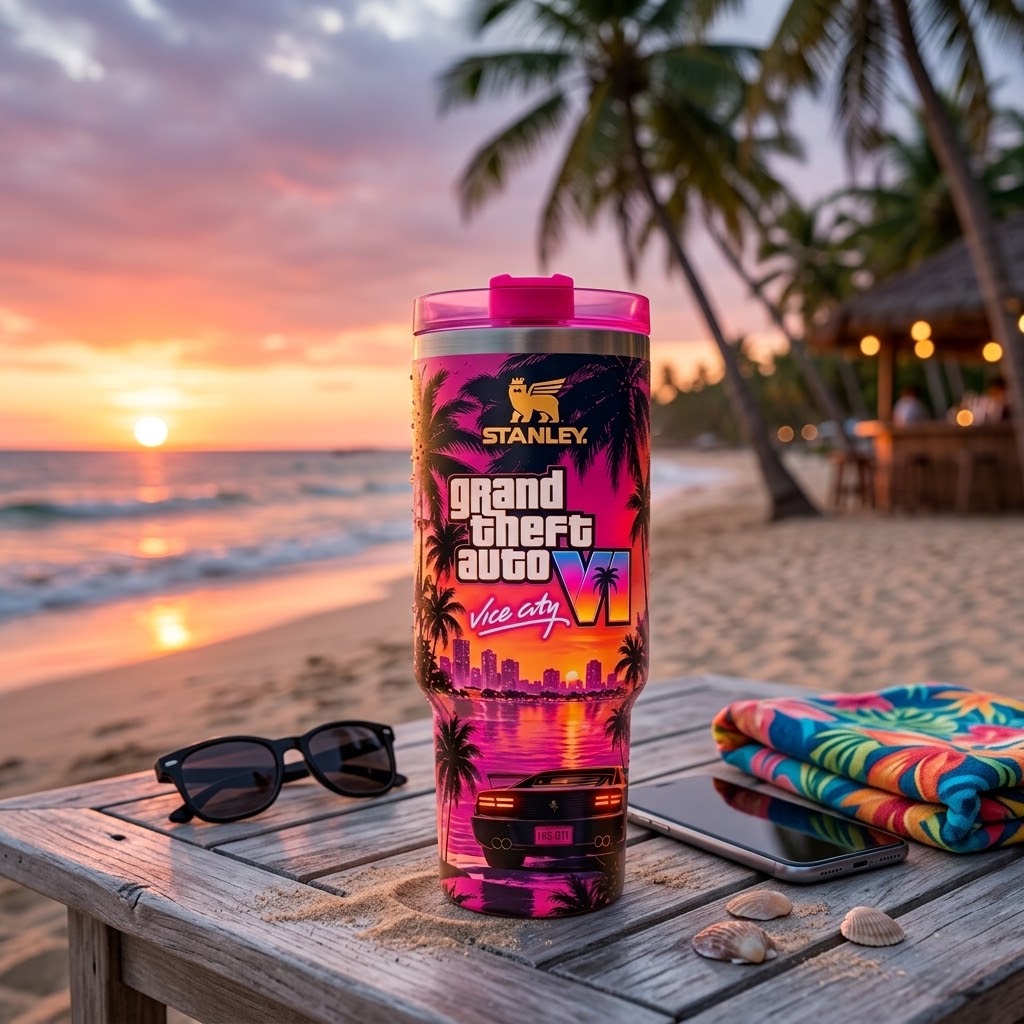 GTA VI Inspired 40oz Tumbler with Handle and Straw – Retro Miami Sunset, Tropical Palm Trees & 80s Neon Aesthetic Gaming Cup, Gift for Gamers