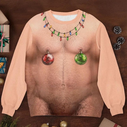 Funny Santa Abs Ugly Sweater, Hairy Chest 3D Print Holiday Party Gift, Chirstmas Gag Gift, Men Women Crewneck Pullover