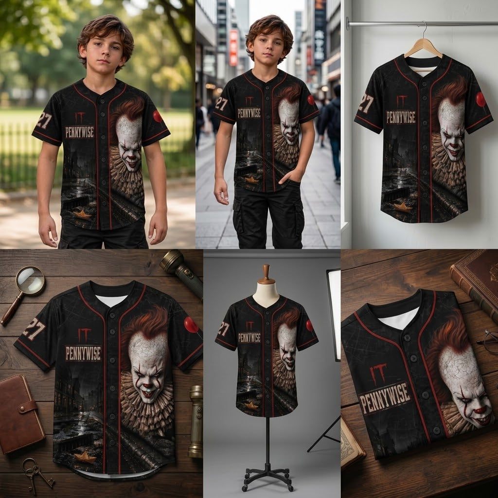 Kids Horror Slasher Baseball Jersey – Classic Horror Movie Characters 3D All-Over Print Button-Up Shirt, Halloween Outfit for Boys & Girls