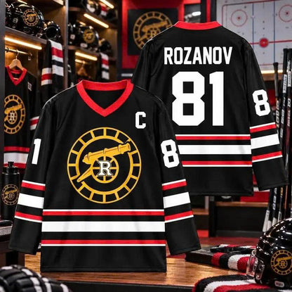 Rozanov #81 Hockey Jersey – Black Red White Long Sleeve V-Neck Ice Hockey Fan Shirt, Hockey Lover Gift