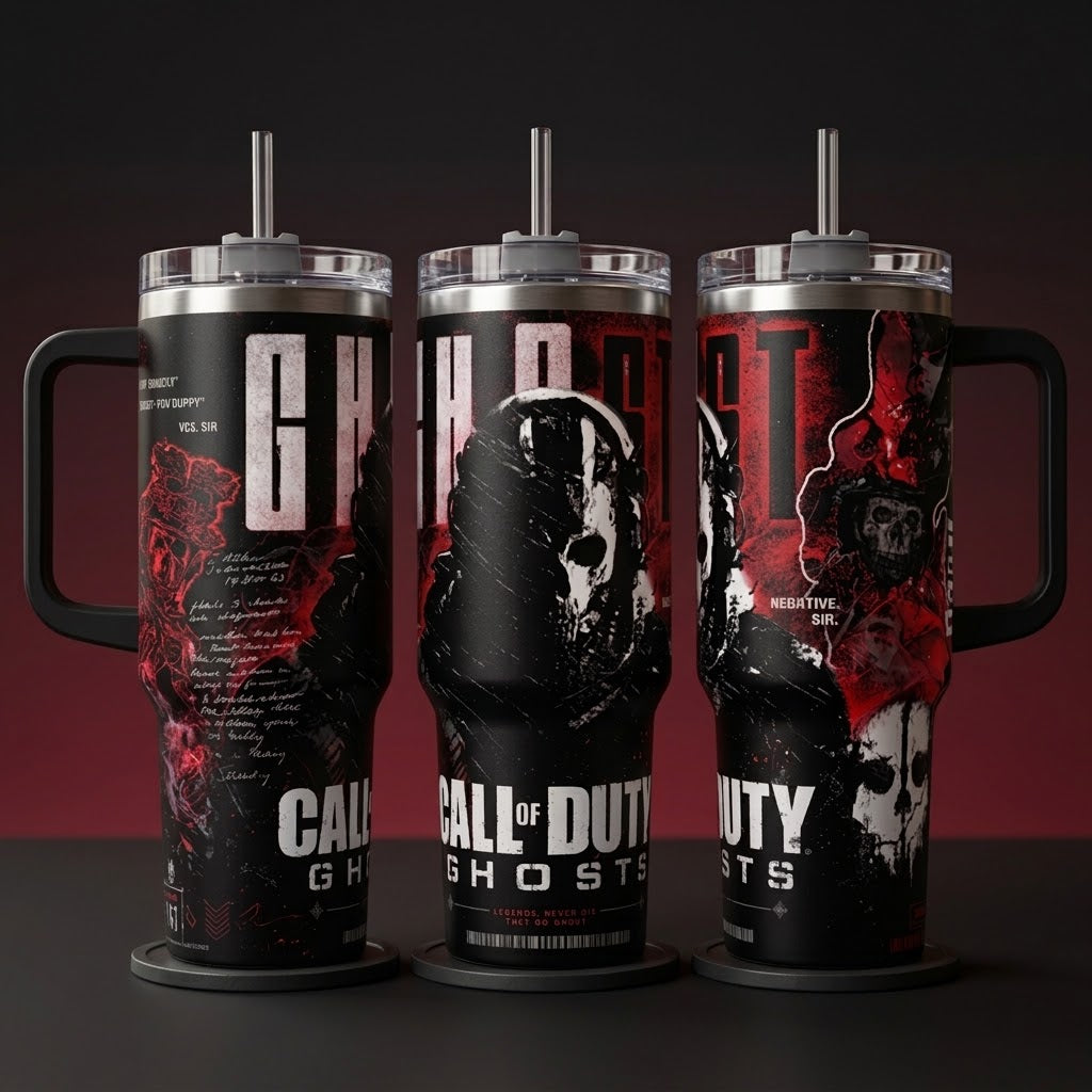 Call Of Duty Ghosts Tumbler COD Insulated Steel Drinkware 40oz Handle Coffee Cup, Portable Silicone-Lidded Reusable Bottle, COD Simon Riley Inspired, Printed Tactical Red-Black Graphic, "Legends Never Die They Go Ghost" Gamer Gift