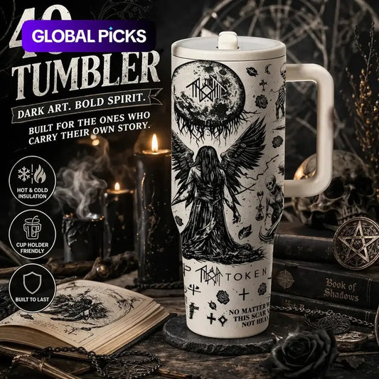 40 oz Sleep Token Insulated Gothic Fantasy Tumbler with Handle and Straw, Gothic Angel Moon Art Stainless Steel Vacuum Insulated Travel Mug, Large Capacity Car Coffee Thermos Keeps Drinks Hot