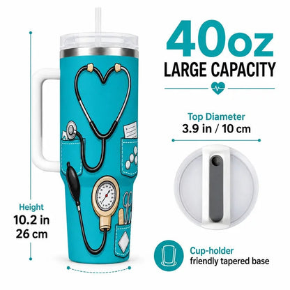 Nurse Gifts for Women 40oz Insulated Stainless Steel Tumbler with Handle and Straw, Nurse Nutrition Facts Water Cup, Nurses Week Appreciation Gift