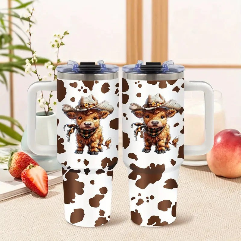 1pc 40oz Stainless Steel Insulated Highland Cattle Cow Tumbler - Vacuum Flask Travel Drinkware with Lid & Straw, Must-Have Gift for Cow Lovers, Mom & Friend, Stainless Steel Flask, Animal-Themed Portable Drinkware