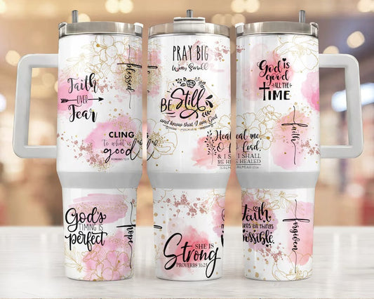 Christian Faith Bible Verse 40oz Tumbler with Handle and Straw - Pink Floral Inspirational Cup - Religious Gift for Women