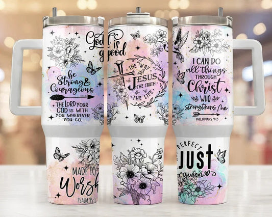 Christian Bible Verse 40oz Tumbler with Handle and Straw - Jesus Faith Floral Butterfly Cup - Inspirational Religious Gift for Women