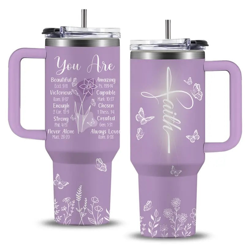 Women's 40oz Sturdy Transparent Vacuum Flask Tumbler with Handle - Purple Christian Beach & Coffee Drinkware, Spiritual Encouragement Gift for Mom, Birthday, Christmas