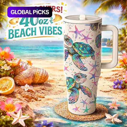 40oz Insulated with Handle, Lid and Straw, Stainless Steel Vacuum Travel Mug, Insulated Flask, Insulated Tumblers, Sea Turtle Ocean Print, Large Capacity for Hot & Cold Drinks, Coffee Mug