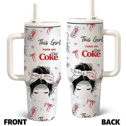 1 Pc Mikenda 40-Oz Stainless Steel Funny Quote Tumbler with Handle and Straw, This Girl Runs on Diet Coke Funny Design, Double-Wall Vacuum Insulated Mug