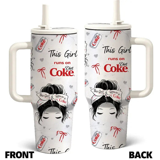 1 Pc Mikenda 40-Oz Stainless Steel Funny Quote Tumbler with Handle and Straw, This Girl Runs on Diet Coke Funny Design, Double-Wall Vacuum Insulated Mug