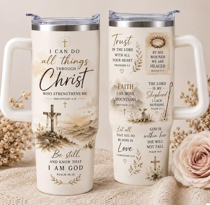 Christian Bible Verse 40oz Tumbler with Handle and Straw - Faith Inspirational Stainless Steel Cup - Religious Gift for Women