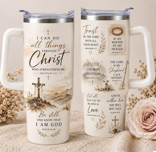 Christian Bible Verse 40oz Tumbler with Handle and Straw - Faith Inspirational Stainless Steel Cup - Religious Gift for Women