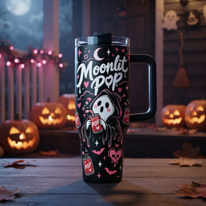40oz Spooky Cute Ghost Tumbler with Handle and Straw Halloween Soda Lover Insulated Travel Mug Stainless Steel Cup Gift