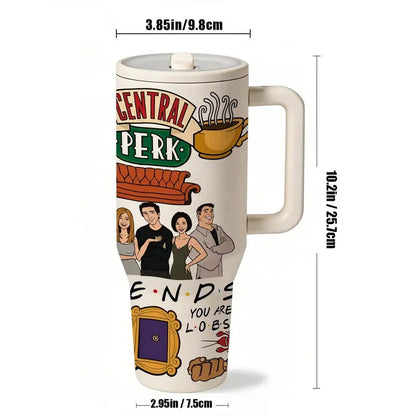 1pc 40oz Friends Fans Insulated Tumbler with Handle, Double Wall Vacuum Stainless Steel Travel Mug, Flasks, Drinkware, Keeps Cold 24H and Hot 12H, Leakproof Cup for Coffee, Office, Daily Use, Sitcom Inspired Gift for Friends, Birthdays, Holidays