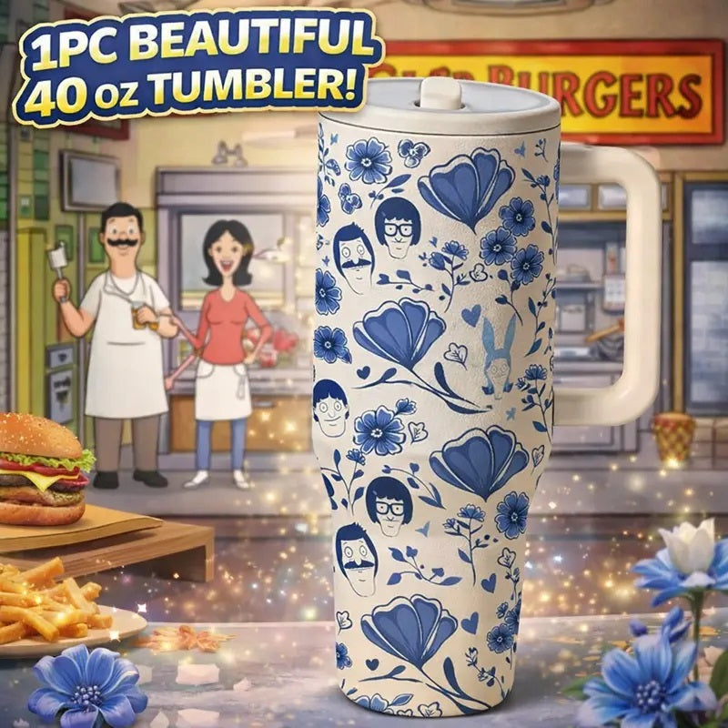 1pc 40oz Stainless Steel Insulated Tumbler with Handle, Insulated Travel Drinkware, Blue Floral Print Travel Mug with Lid, Large Capacity Cup for Water, Coffee, Tea and Iced Drinks, Reusable Portable Car Cup for Home