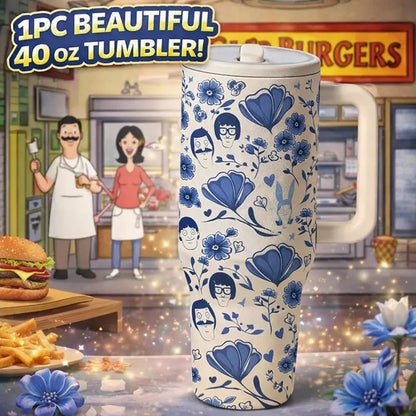 1pc 40oz Stainless Steel Insulated Tumbler with Handle, Insulated Travel Drinkware, Blue Floral Print Travel Mug with Lid, Large Capacity Cup for Water, Coffee, Tea and Iced Drinks, Reusable Portable Car Cup for Home