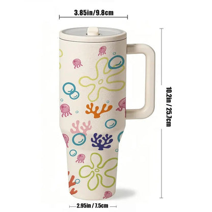 1PC 40oz Insulated Mug, Bikini Bottom Inspired Thermal Cup, Vacuum Insulated Tumbler, Ocean Jellyfish Coral Print, Double Wall, Leak-Proof, Handle & Straw Lid, 12H Hot/24H Cold Retention, Large Capacity Travel Tumbler