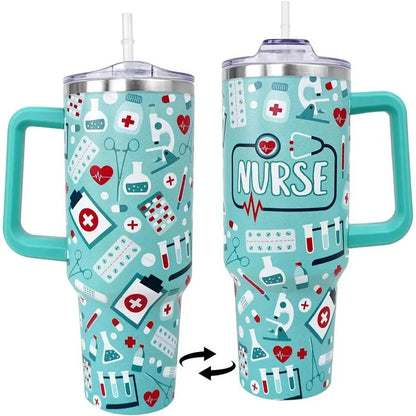 40oz Stainless Steel Printed Insulated Nurse Vacuum Flask Bottle - Anti-Leak Indoor Drinkware with Lid, Straw - Nursing Student Gifts for Valentines, Mothers Day, Portable Kitchenware for Coffee