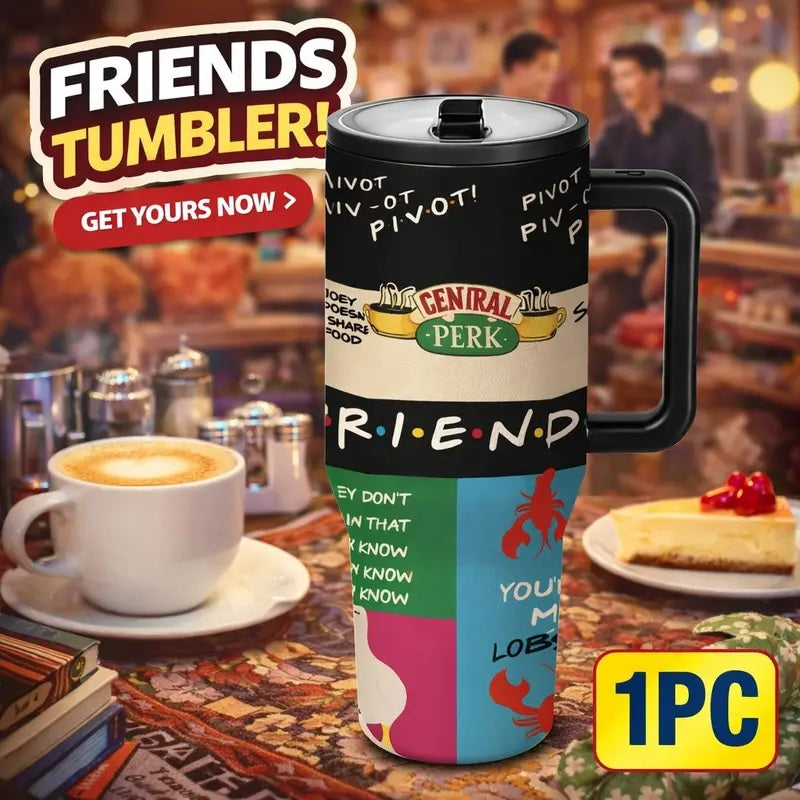 1pc 40oz Friends Coffeehouse Tumbler, Insulated Drinkware, Stainless Steel Insulated Mug with Handle, Vacuum Insulated Cups, Retro Quote Travel Cup for Coffee, Tea and Cold Drinks