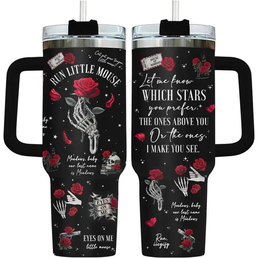 Dark Romance Bookish Tumbler, 40oz Stainless Steel Cup with Handle, Skeleton Hand and Rose Design, Run Little Mouse Coffee Cup, Birthday Gifts for Book Lovers, Fans, Kitchen Drinkware