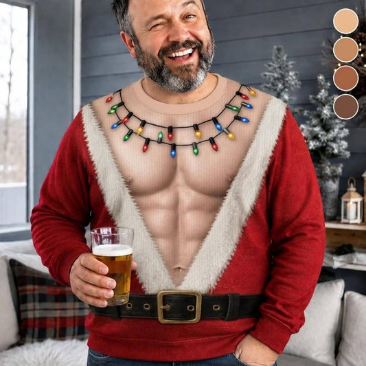 Funny Santa Abs Ugly Sweater, Hairy Chest 3D Print Holiday Party Gift, Chirstmas Gag Gift, Men Women Crewneck Pullover